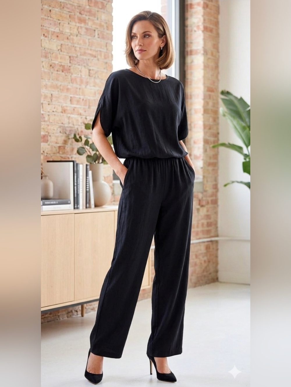 H By Halston Black Textured Crepe Wide Leg Jumpsuit Sz. SP